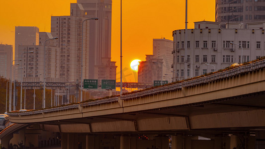 上海城市立交车流夕阳日落