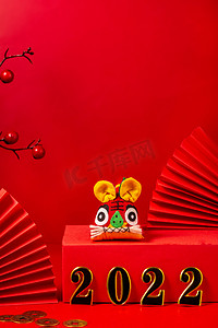 春节新年一只布老虎红色背景摆放摄影图配图
