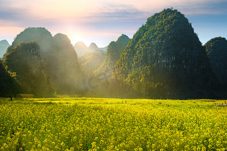 摄影照片_万峰林山脚下盛开的油菜花摄影图配图