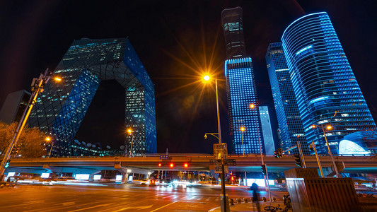 夜景北京cbd摄影照片_北京国贸城市夜景车流