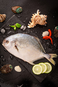 美食白天金鲳鱼黑色石板摆放摄影图配图