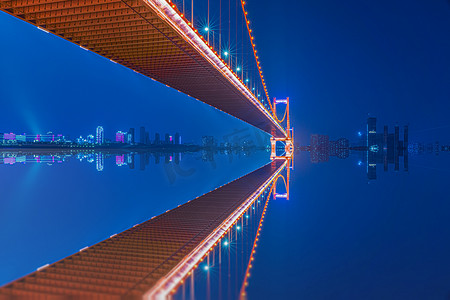 武汉城市建筑夜晚建筑鹦鹉洲长江大桥俯拍摄影图配图