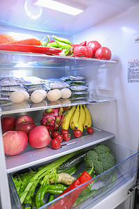 淘宝冰箱电器摄影照片_疫情物资存储冰箱冷藏食材原料生活物资蔬菜水果摄影图配图