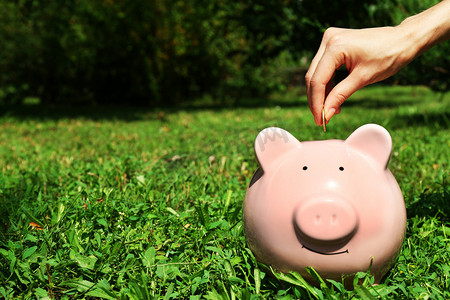 女手硬币投入粉红小猪银行在绿草背景