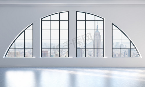 窗口服务摄影照片_An empty modern bright and clean loft interior. New York city view. A concept of luxury open space for commercial or residential purposes. 3D rendering.
