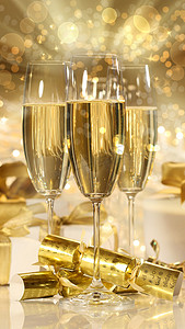 香槟干杯摄影照片_香槟及礼品新多年的眼镜