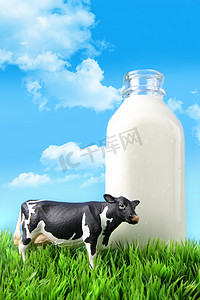 蓝色饮料摄影照片_在草里的牛奶瓶