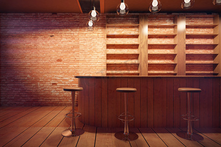 酒吧内部设有木制柜台、凳子和砖墙背景的搁板。3d 渲染