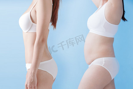 全民小康摄影照片_胖女人和苗条的女人减肥前后的对比