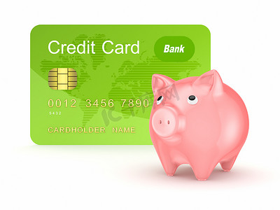 粉红小猪摄影照片_信用卡和粉红猪存钱罐.