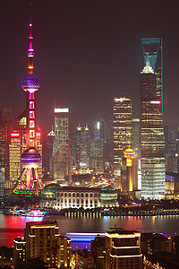 城市建筑景观夜景摄影照片_在上海外滩的夜景天际线的空中摄影