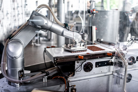 自动机器人的手移动并准备小块的巧克力巧克力工厂。用自动机器人手的巧克力工厂