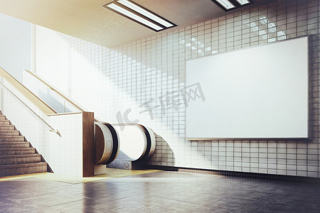 公司海报摄影照片_大水平空白广告牌与自动扶梯