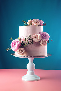 新鲜的玫瑰粉色奶油婚礼蛋糕装饰