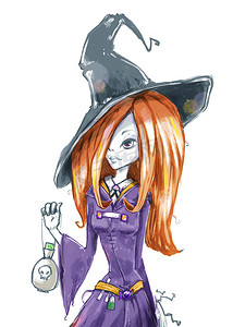 欧美服装背景摄影照片_Red-haired witch. Girl in a witch costume with poison in her hands. 