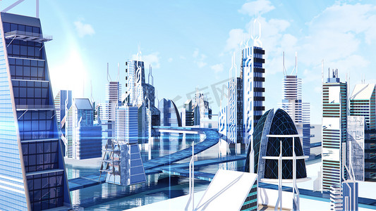 未来派科幻城市街景3d 数字呈现的图