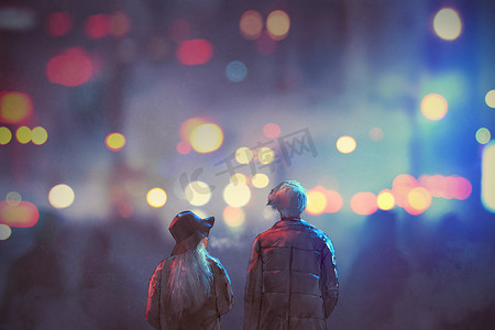 情侣浪漫场景摄影照片_热恋中走在大街上的情侣