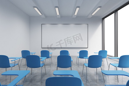 A classroom or presentation room in a modern university or fancy office. Blue chairs, a whiteboard on the wall and panoramic windows with white copy space. 3D rendering.