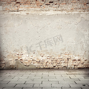 摄影照片_grunge 的背景，红砖墙壁纹理明亮石膏墙和块路人行道放弃您的概念或项目的外部城市背景