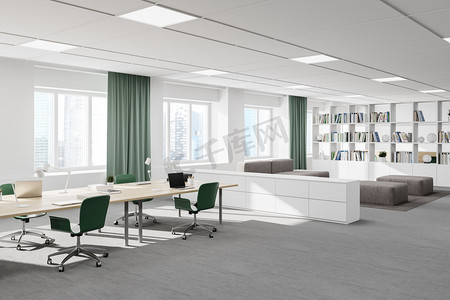 装饰公司摄影照片_带有白色墙壁、地毯地板、一排电脑桌和背景休息区的现代开放空间办公室角落。3d渲染