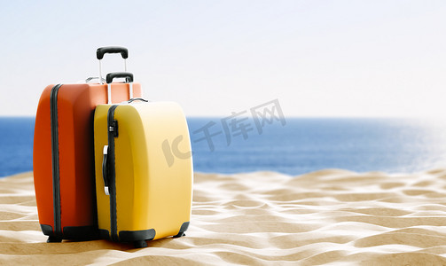 旅行主题背景与五颜六色的行李在沙子上