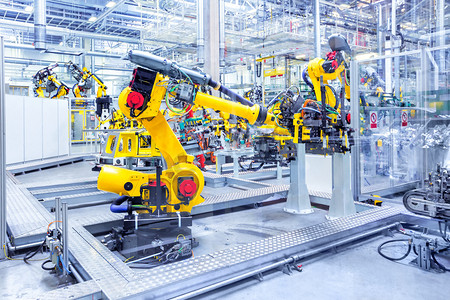 电子安全摄影照片_机器人在汽车制造厂
