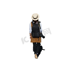 后视图亚洲女性游客, 她穿着休闲风格的日本. 与简单的黑色背包和相机与镜头后查出的白色背景与裁剪路径.