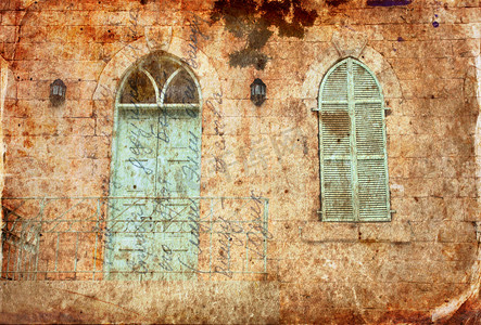 蓝色照片墙摄影照片_老房子墙从耶路撒冷石头与旧蓝色阳台。已过滤的图像纹理覆盖