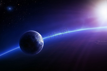 紫色宇宙星空摄影照片_幻想地球和月球以色彩缤纷的日出