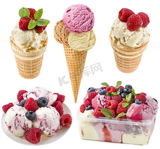 冰淇淋的新鲜浆果集合上白色隔离