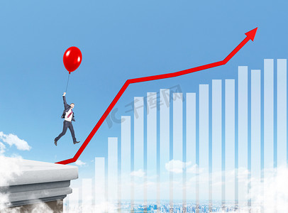 红色商务发展摄影照片_Businessman flying up on red balloon. Graphs and charts on sky background. Concept of growth.