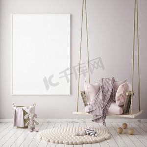 聚划算海报摄影照片_小样在孩子的卧室，斯堪的纳维亚风格室内背景，3d 渲染帧海报