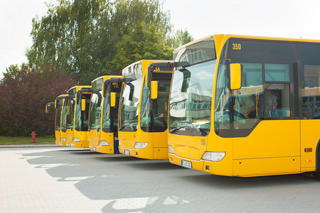 公交车停车成排在巴士站或终端