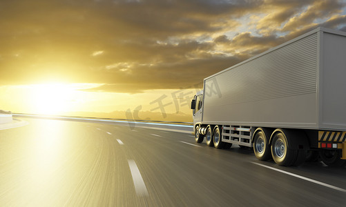 好货摄影照片_从后视角看运货卡车在公路上行驶，具有日出景观、速递、物流和货运概念。3d渲染.