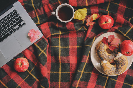 顶视图的舒适秋天的早晨在家里。早餐喝杯茶，面包圈上格子毛毯苹果的笔记本上。在家里工作.