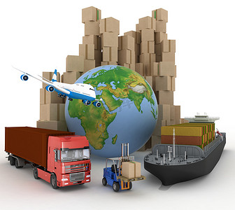 纸板箱周围地球、 货船、 卡车和飞机
