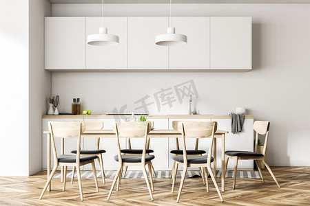 餐厅和厨房内饰有白色的墙壁, 一层木地板, 一张长桌子, 椅子和白色的台面。前视图3d 渲染模拟