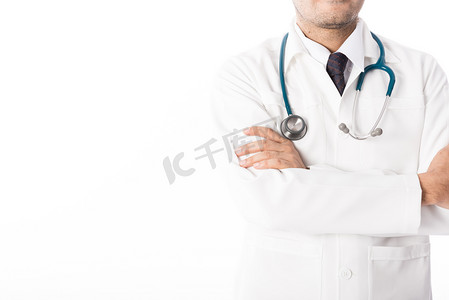 医生护理摄影照片_白色背景上的亚洲男医生