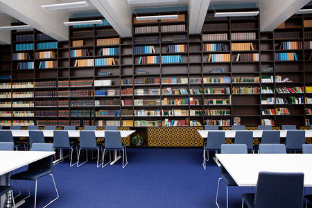 图书馆的内部。蓝色和棕色。书柜 wi