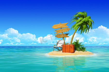 热带岛屿与躺椅、 手提箱、 木制路标、 p