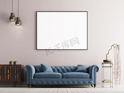 海报复古背景摄影照片_模拟海报在古典风格的室内与蓝色沙发和植物。3d 渲染