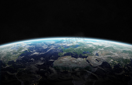 兰州元素摄影照片_在空间的蓝色行星地球的看法与她的大气欧洲大陆3d 渲染这个图像的元素由 Nasa 提供