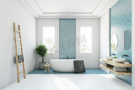 镜子摄影照片_蓝色和白色的浴室，白色浴缸