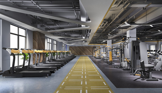 矢量健身器材摄影照片_3D渲染现代阁楼健身房和健身