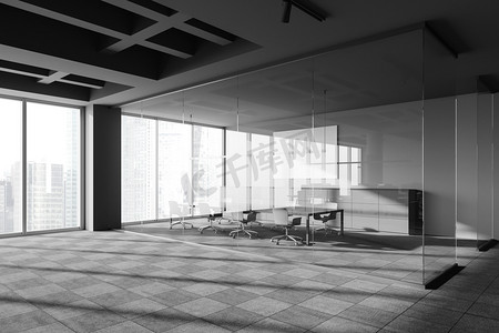 会议桌摄影照片_全景工业风格会议室角落，有灰色墙壁，铺了地毯的地板，有灰色椅子的长会议桌，窗户模糊的城市景观。3d渲染