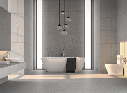 现代阁楼浴室，混凝土瓷砖3d渲染，装饰有白色浴缸，装饰有玻璃挂灯，阳光照射到房间.