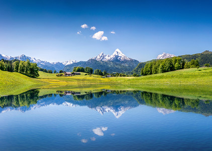 田园诗般的夏日风景与清除在阿尔卑斯山的高山湖泊