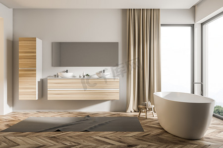 米色摄影照片_阁楼浴室内有一个双层水槽的木制货架, 白色浴缸, 衣柜和米色窗帘。3d 渲染模拟