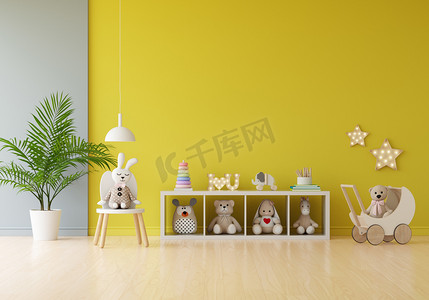 打光摄影照片_在黄色儿童空间里的玩具娃娃和玩具，用于模拟、 3D渲染