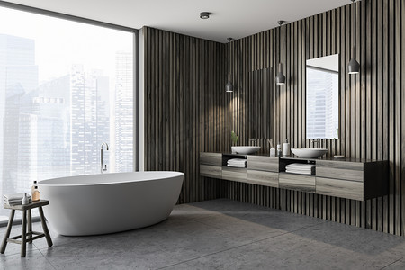 现代化的浴室角落, 配有深色木墙、灰色地板、白色浴缸和双水池。全景窗口。3d 渲染